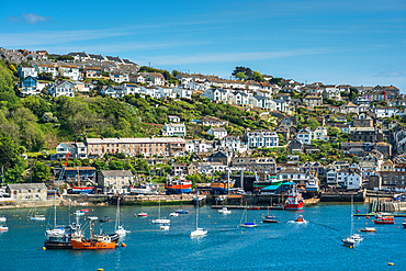 The small coastal town of Fowey with hillside houses, Cornwall, England, United Kingdom, Europe