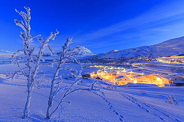 Village of Riskgransen during twilight, Riskgransen, Norbottens Ian, Lapland, Sweden, Scandinavia, Europe