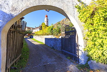 Glimpse of the village of Parcines with its typical church. Parcines, Val Venosta, Alto Adige/Sudtirol, Italy, Europe