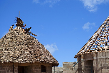 Men thatching the roof of a new house, Tanzania, East Africa, Africa