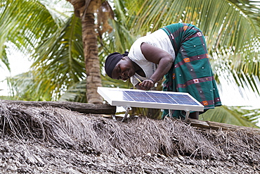 A woman, known as a Solar Mama, fixes a solar panel to the top of a traditional thatched mud hut, Tanzania, East Africa, Africa