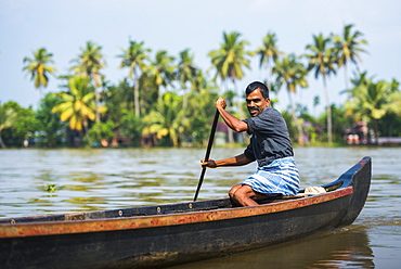 Dugout canoe fishing boat in the backwaters near Alleppey (Alappuzha), Kerala, India, Asia