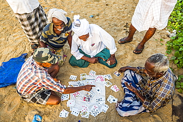 Fishermen playing cards at Kappil Beach, Varkala, Kerala, India, Asia