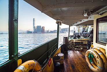 Star Ferry at sunrise with Hong Kong Island behind, Hong Kong, China, Asia