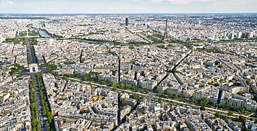 Aerial view of Paris with the Arc de Triomphe, the Eiffel Tower and the River Seine, Paris, France, Europe