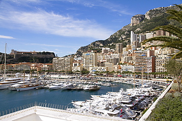 View of the Harbor of Monaco Ville (Porte Hercule) with its luxury ships, Monaco, French Riviera, Mediterranean, Europe