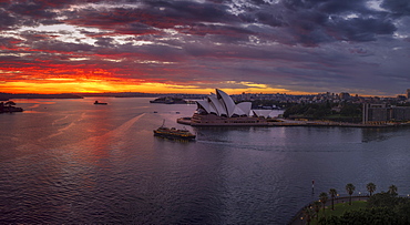 Dramatic sunrise at the Sydney Harbour, with a view of the Sydney Opera House, UNESCO World Heritage Site, Sydney, New South Wales, Australia, Pacific