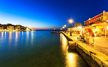 Lighthouse at Venetian port at night, Chania, Crete, Greek Islands, Greece, Europe