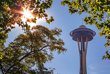 Top of Space Needle from Seattle's International Fountain Park, Seattle, Washington State, United States of America, North America