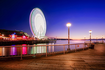 Night shot of Seattle Great Wheel from Waterfront Park in Seattle, Washington State, United States of America, North America