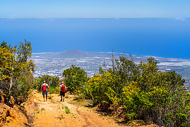 Hikers walking down the Las Ventanas de Guimar (Thousand Windows hike), Tenerife, Canary Islands, Spain, Atlantic, Europe