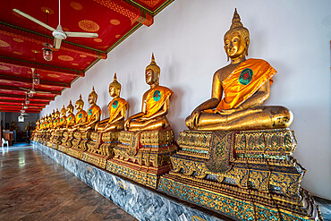 Seated Golden Buddha statues in a row at Wat Phra Chetuphon (Wat Pho) temple, Bangkok, Thailand, Southeast Asia, Asia