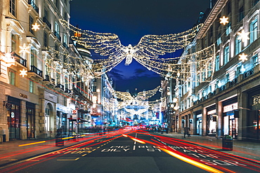 Festive Christmas lights in Regent Street at night in 2017, London, England, United Kingdom, Europe