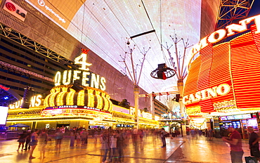 Neon lights on the Fremont Street Experience at dusk, Downtown, Las Vegas, Nevada, United States of America, North America