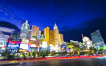 New York New York Hotel and Casino at night, The Strip, Las Vegas Boulevard, Las Vegas, Nevada, United States of America, North America