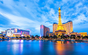 View of Eifel Tower of the Paris Hotel and Casino on The Strip at dusk, Las Vegas Boulevard, Las Vegas, Nevada, United States of America, North America