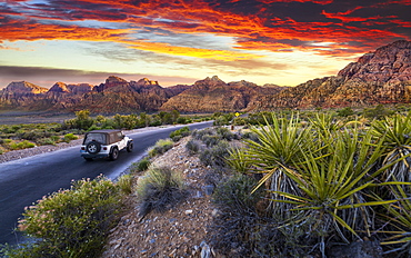 Car driving through The Red Rock Canyon National Recreation Area at sunset, Las Vegas, Nevada, United States of America, North America