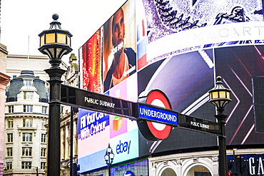 Entrance to tube station, advertisement, Piccadilly Circus, London, England, United Kingdom, Europe