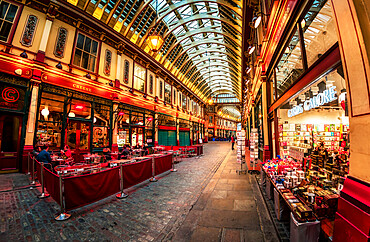 Fisheye view of interior of Leadenhall Market, The City, London, England, United Kingdom, Europe