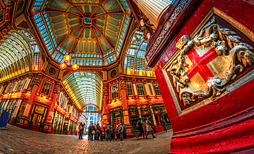 Fisheye view of interior of Leadenhall Market, The City, London, England, United Kingdom, Europe