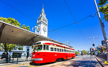 Ferry Building and Red Tram, San Francisco, California, United States of America, North America