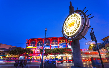 View of Fishermans Wharf sign at dusk, San Francisco, California, United States of America, North America