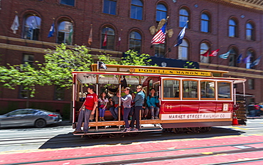 Fast moving cable car in Union Sqaure, San Francisco, California, United States of America, North America