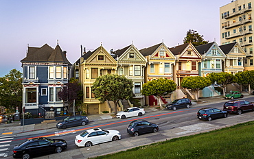 View of Painted Ladies at dusk, Victorian wooden houses, Alamo Square, San Francisco, California, United States of America, North America