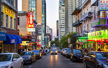 View of traditionally decorated street in Chinatown at dusk, San Francisco, California, United States of America, North America