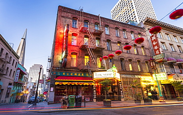 View of traditionally decorated street in Chinatown at dusk, San Francisco, California, United States of America, North America