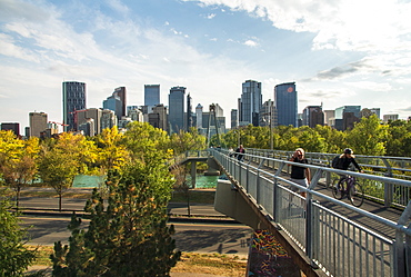 View of Bow River and Downtown from Sunnyside Bank Park, Calgary, Alberta, Canada, North America