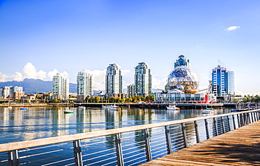 View of False Creek and Vancouver skyline, including World of Science Dome, Vancouver, British Columbia, Canada, North America