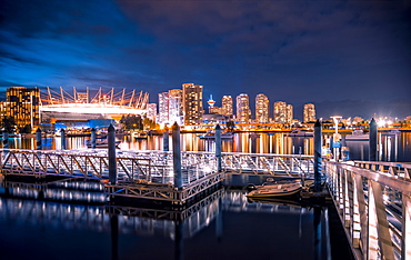 View of False Creek and Vancouver skyline, BC Place and Lookout Tower, Vancouver, British Columbia, Canada, North America