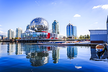 View of False Creek and Vancouver skyline, including World of Science Dome, Vancouver, British Columbia, Canada, North America