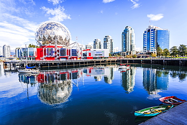 View of False Creek and Vancouver skyline, including World of Science Dome, Vancouver, British Columbia, Canada, North America