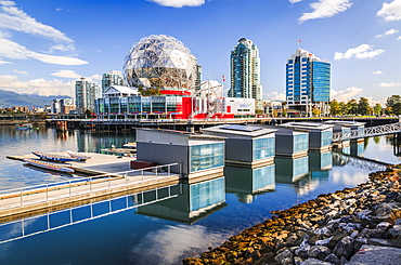 View of False Creek and Vancouver skyline, including World of Science Dome, Vancouver, British Columbia, Canada, North America