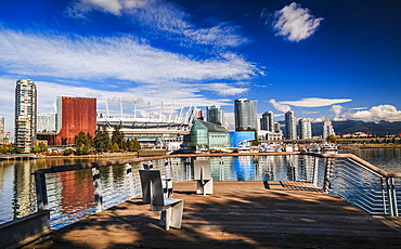 View of False Creek and Vancouver skyline, including BC Place, Vancouver, British Columbia, Canada, North America