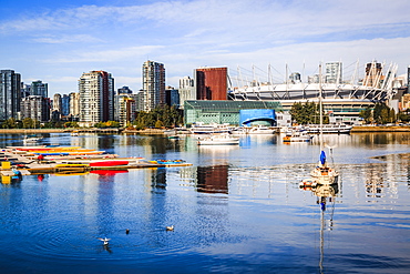 View of False Creek and Vancouver skyline, including BC Place, Vancouver, British Columbia, Canada, North America