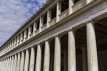 Facade detail of rebuilt ancient structure at Ancient Agora of Athens, currently a museum, Stoa of Attalos, Athens, Greece, Europe