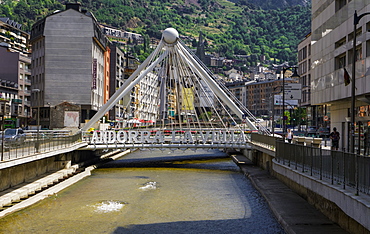 Andorra sign on a bridge over the River Gran Valira, Andorra la Vella, capital of the Principality of Andorra, Europe