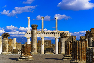 Basilica remains, ancient ruins with standing columns surrounding the Forum area, Pompeii, UNESCO World Heritage Site, Campania, Italy, Europe