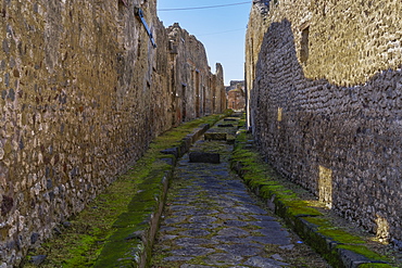 Stone street with raised blocks, city street with stepping stones allowing vehicles and pedestrians to cross the street, Pompeii, UNESCO World Heritage Site, Campania, Italy, Europe