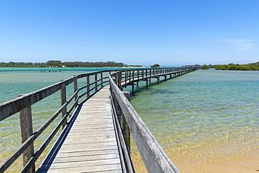 Ocean boardwalk in Urunga on the Coffs Coast stretching along the banks of the Kalang and Bellinger Rivers to the Pacific Ocean, Urunga, New South Wales, Australia, Pacific