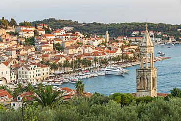 Scenic view over Hvar Town at sunset, Hvar, Croatia, Europe