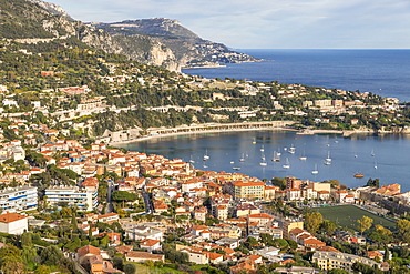 Elevated view from Mont Boron down to Villefranche sur Mer, Cote d'Azur, French Riviera, Provence, France, Mediterranean, Europe