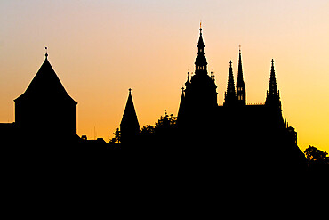 Silhouette of Prague Castle and Saint Vitus Cathedral at sundown, UNESCO World Heritage Site, Prague, Czech Republic (Czechia), Europe