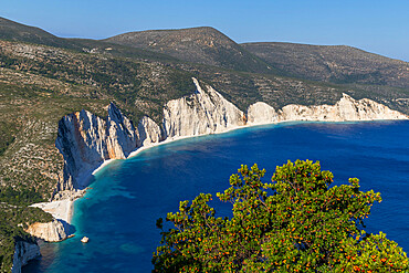 Elevated view over Fteri Beach and the surrounding bay, Kefalonia, Ionian Islands, Greek Islands, Greece, Europe