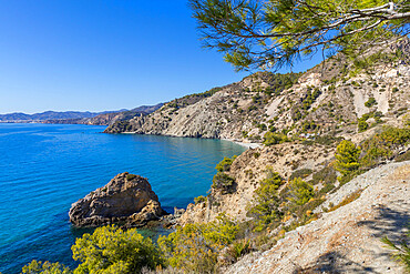 View from the Cala Doncella hiking trail along the coastline, Maro Cerro Gordo Cliffs Nature Reserve, Andalusia, Spain, Europe