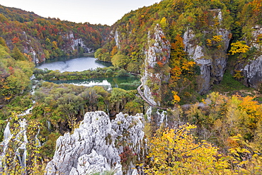 View from a lookout inside Plitvice Lakes National Park over the Lower Lakes, UNESCO World Heritage Site, Croatia, Europe