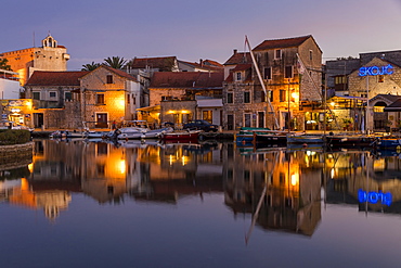 The old town of Vrboska on Hvar Island at dusk, Hvar, Croatia, Europe